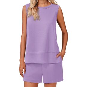 PINSPARK Two Piece Sets for Women Summer Sleeveless Lounge Set Crewneck Tops Sweatsuit Drawstring Shorts Tracksuit Outfits
