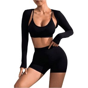 SOLY HUX Workout Sets for Women 3 Piece Outfits Seamless Sports Bra and High Waisted Shorts with Bolero Crop Top