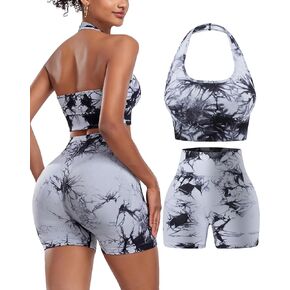 OLCHEE Workout Sets for Women 2 Piece Backless Halter Sports Bra High Waist Booty Shorts Yoga Gym Outfits Lounge Activewear