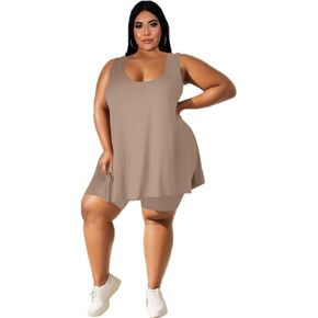 YeGine Women Plus Size 2 Piece Outfits Casual Sleeveless Tunic Tops Short Sets Summer Oversized Tshirts Shorts Sweatsuits