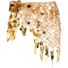 Meccanixity Women's Belly Dance Hip وشاح الورك مع الترتر شبكات المثلث المثلث سلسلة الخصر لسلسلة أزياء حفل الموسيقي (نغمة الذهب)