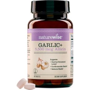 NatureWise Garlic Extract Supplement - Healthy Cholesterol & Blood Pressure Formula + B Vitamins, C, 5500mcg Allicin - Vegan Tablets w/Enteric Coating, Non-GMO, Gluten-Free, 60 Count [30-Day Supply]