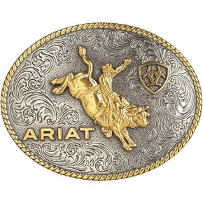 ARIAT Oval Buckle with Bull Rider Motif, Rope Edge, Antique Silver and Gold Finish, 4" x 3"