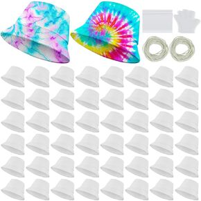 Silkfly 50 Pcs Cotton White Bucket Hats Bulk for Tie Dying, Blank Summer Sun Hat Fishing Cap with Tie Dye Accessories for Women Men Party Group DIY Project (Small)