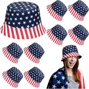 8 PCS American Flag Bucket Hat الوطنية في الرابع من يوليو قبعات صياد الولايات المتحدة الأمريكية قابلة للتعبئة لأيام الاستقلال