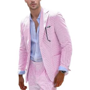 Aowdoy Blue Seersucker Suits 2 Piece Casual Summer Beach Men Suits Wedding Grooms Jacket Pants Striped Suit Set