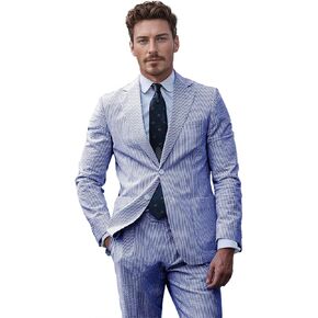 بدلة صيفية للرجال بدلة pinstripe غير الرسمية كلاسيكية الملاءمة 2 قطعة Seersucker بدلة لرجال الزفاف