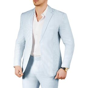 WEEN CHARM Men's 2 Piece Slim Fit Pinstripe Seersucker Suit Lightweight Breathable for Beach Wedding Summer Formal
