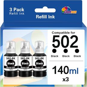 زجاجات حبر سوداء Clorisun 502 Ecotank لحبر Epson 502 T502 تستخدم مع طابعة Epson Ecotank 2760 ET-2760 ET-2750 ET-3760 ET-4760 ET-3750 ET-4750 ET-3710 ET-15000 ET-3700 (3 أسود)