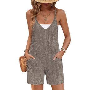 Ekouaer Rompers for Women Summer Casual Sleeveless Spaghetti Strap Jumpsuit Ribbed Shorts Overalls with Pockets