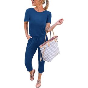KIRUNDO Jumpsuits for Women Summer 2025 Casual Short Sleeve One Piece Outfits Drawstring Waist Long Pants Romper Jumpers