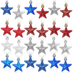 24 PCS Star Hanging Ornaments مجموعة ، ونجوم يوم الاستقلال على شكل زخرفة شجرة مصغرة في الرابع من يوليو المنزل ديكورات الحفلات في الهواء الطلق ، 3 أنماط صائحة ، اللون الأحمر الأزرق الفضي