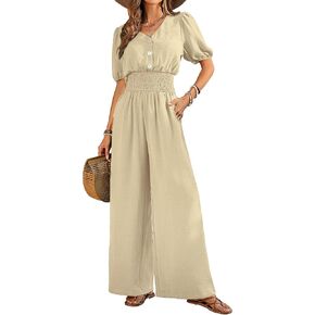 Womens Jumpsuits Short Sleeve V Neck Dressy Casual Wide Leg Pants Romper 2025 Summer One Piece Outfits