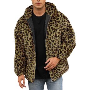 SOMTHRON Men's Faux Fur Leopard Hooded Jacket Shaggy Coat Zip Up Winter Warm Fluffy Furry Parka Overcoat