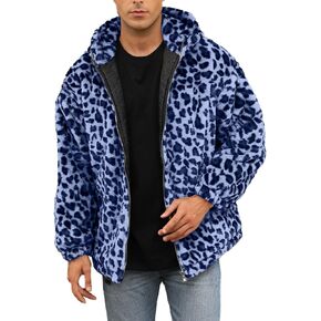 SOMTHRON Men's Faux Fur Leopard Hooded Jacket Shaggy Coat Zip Up Winter Warm Fluffy Furry Parka Overcoat in Saudi Arabia