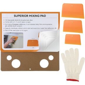 Saillong Body Filler Mixing Board Kit, 1 Body Filler Mixing Pad 12-12 in, 3 Yellow Plastic Scrapers (4-5-6 in), 100 Disposable Paper Tear-Off Quick-Mixing Sheets, 1 Pair of Gloves for Filling Scratch