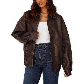 Women's Faux Leather Jacket Zip Up Short Fitted Slim Coat Bomber Jacket Women