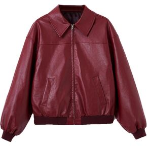 SHENHE Women's Leather Jacket Collared Neck Lantern Sleeve Zip Up Streetwear Motorcycle Bomber Jacket Coat