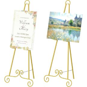 Gold Easel Stand for Sign,Adjustable Easel Dispaly Stand, Metal Easels for Dispalying Pictures,Easels for Wedding Poster Holder,Display Stand with Chain Support(2 Pack)