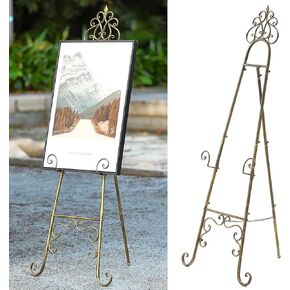 Vintage Metal Free Standing Adjustable Display Stand Easel with Chain Support, Extra Large Scroll Floor Standing Easel for Display Mirror Wedding Welcome Signs Picture Frame