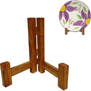 Plate Stands for Display, 5 Inch Plate Holders for Displaying, Rustic Solid Wood Tabletop Saucer Rack, Folding Picture Frame Holder Easel