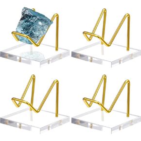 Wenqik 4 Pcs Rock Display Stand Crystal Display with Metal Arms and Acrylic Pedestal Base Decorative Easel Stand Mineral Crystal Stand(Silver,Small)