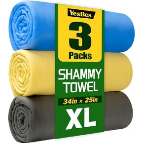 3 Pack Premium XL Shammy Cloth for Car Drying, 34"x25" Chamois Towel for Car, Super Absorbent Shammy Towel for Car, Reusable Soft Car Drying Towels