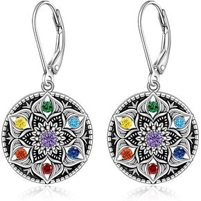 Mandala Chakra Earrings for Women Sterling Silver Yoga Lotus Flower Dangle Drop Earrings Flower of Life Protection 7 Chakras Jewelry Gifts