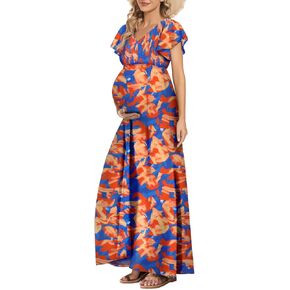 Floral Print V Neck Maternity Dress Boho Baby Shower Photoshoot Smocked Flutter Sleeve Split A Line Dress