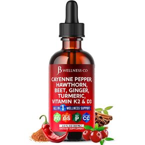 Cayenne Pepper Supplement Liquid Drops + Hawthorn Berry, Vitamin D3 K2 Beet Root Powder, Ceylon Cinnamon, Turmeric Curcumin, Organic Panax Ginseng - 2oz