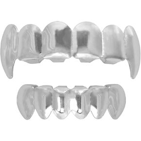 24K Plated Gold Grillz Vampire Fangs Caps Top And Bottom Grill Set Mouth Teeth For Son Gift + Extra Molding Bars + Microfiber Cloth
