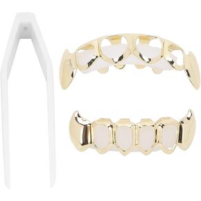 Grillz Braces Grillz Braces, Grillz Braces Teeth Hip Hip Hop Teeth Grill Set for Makeup Performance Coating Braces Fashionable Metal Teeth Decoration Jewelry Fake for Rapper Teeth Jewelry (Gold)