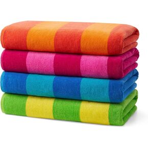 Kaufman - Soft Oversized Beach Towels in Bulk | 30" x 60" Velour Striped Beach Towel | Absorbent, Quick-Drying | 100% Cotton Thick Beach Towels (4 Pack)