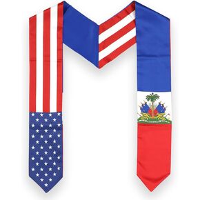 USA And Haiti Flag Graduation Stole, Satin Embroidery Graduation Sash for International Students, 72 Inch Length.