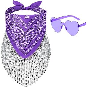 Fringe Rhinestone Bandana Disco Cowgirl Bachelorette Sparkly Bandanas for Women Men Halloween, with Heart Sunglasses