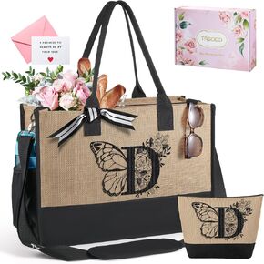 TRSODD Birthday Gifts for Women Mothers Day Gifts for Mom Wife Grandma Daughter Sister Teacher Initial Tote Bag and Makeup Bag
