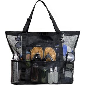WFK outdoor large capacity tote bag, large mesh beach bag with multiple pockets, suitable for family travel, beach and vacation essentials