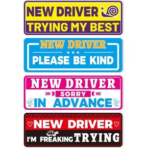 4pcs New Driver Magnet, 9.06x3.15 Inch Reflective Magnetic Novice Driver Sign for Bumper Safety Warning Stickers for Beginners Student Car Drivers Learner Driver Decor Gift