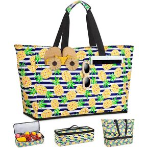 Beach Bag with Cooler, 49L Large Family Beach Tote with Zipper, Waterproof Sandproof Beach Bags for Women and Men, Foldable Lightweight Travel Bag for Pool, Picnic, Gym