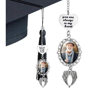 2PCS Custom Memorial Graduation Tassel Photo Charm with Angel Wings, Class of 2025 Gifts, Congratulations Gift, Grad Cap Decorations, Grad Tassel Memorial Charm