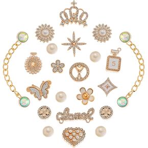 22PCS Bling Shoe Charms for Women Rhinestone Gold Cute Pearl Butterfly Flower Shoe Accessories Charm DIY Sparkling Chains for Clog Sandals Party Favor Jewelry Decorations