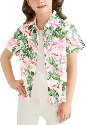 Boy Girl Hawaiian Shirt Tropical Button Down Blouse Summer Casual Beach Shirt Kid Short Sleeve Top Size 5-14 Years in Saudi Arabia
