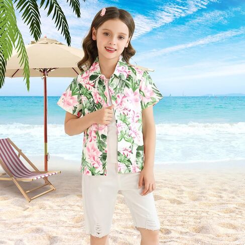 Boy Girl Hawaiian Shirt Tropical Button Down Blouse Summer Casual Beach Shirt Kid Short Sleeve Top Size 5-14 Years in Saudi Arabia