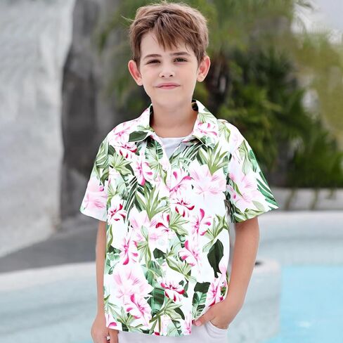 Boy Girl Hawaiian Shirt Tropical Button Down Blouse Summer Casual Beach Shirt Kid Short Sleeve Top Size 5-14 Years in Saudi Arabia