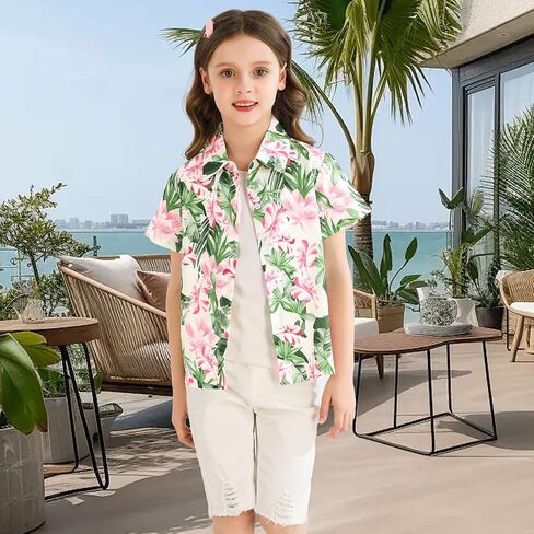 Boy Girl Hawaiian Shirt Tropical Button Down Blouse Summer Casual Beach Shirt Kid Short Sleeve Top Size 5-14 Years in Saudi Arabia