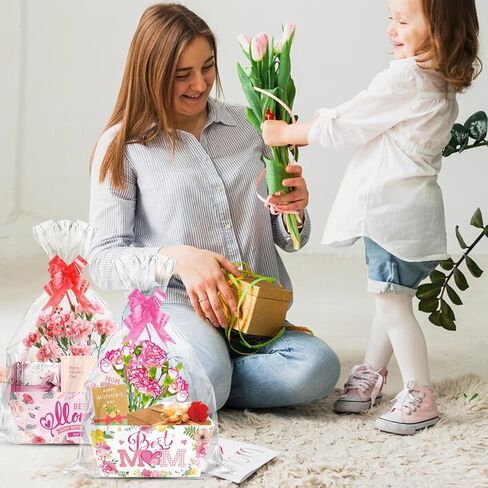 24 مجموعة من سلال عيد الأم السعيدة للهدايا الفارغة مع أكياس سلة السيلوفان والأقواس، صينية سوق عيد الأم السعيدة، سلة من الورق المقوى لملء ديكور حفلة عيد ميلاد عيد الأم in Kuwait