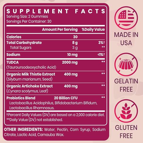 Premium TUDCA Gummy Supplement - 2000mg High-Potency Liver Support, Liver Cleanse Detox & Repair with Milk Thistle, Artichoke Extract, Probiotics, Bile Salts - Vegan, 30 Servings in Kuwait