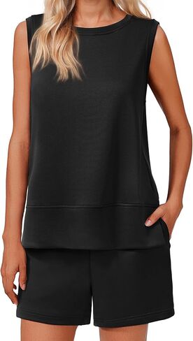 PINSPARK Two Piece Sets for Women Summer Sleeveless Lounge Set Crewneck Tops Sweatsuit Drawstring Shorts Tracksuit Outfits in Saudi Arabia