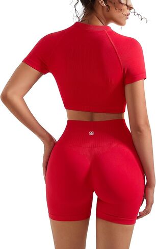 Suuksess Women 2 قطعة تمرين مجموعات خفية بعقب Scrunch لرفع راكب الدراجة النارية قصيرة الأكمام قمم المحاصيل in Kuwait