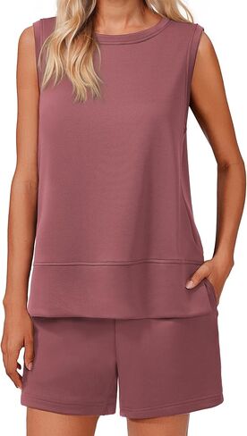 PINSPARK Two Piece Sets for Women Summer Sleeveless Lounge Set Crewneck Tops Sweatsuit Drawstring Shorts Tracksuit Outfits in Saudi Arabia